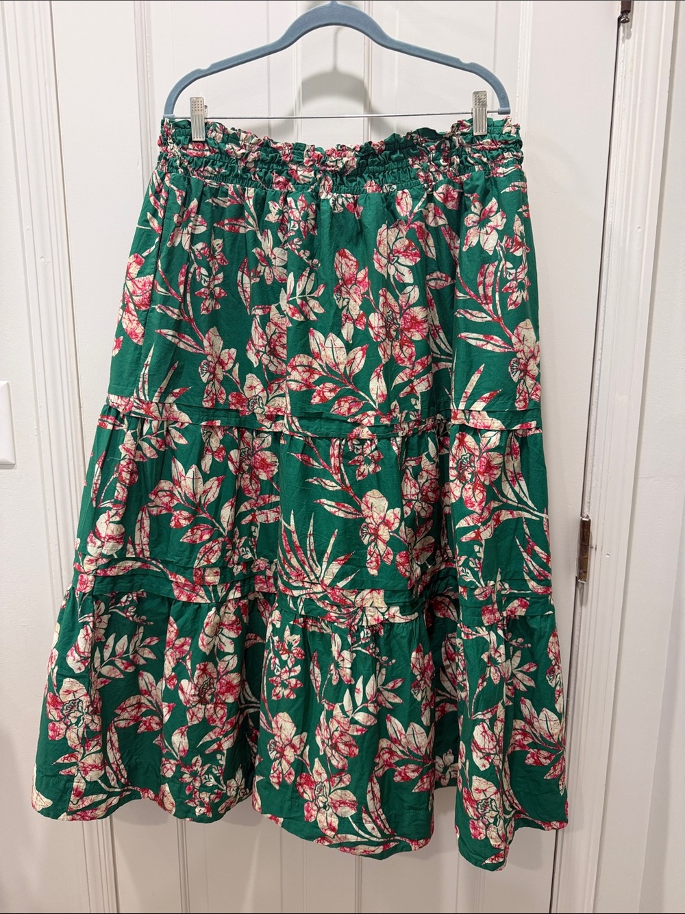Anthropologie Green Floral Tiered Maxi Skirt